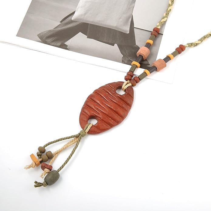 STWTR Bohemian Beaded Necklace Pendant for Women Men Retro Colorful Ceramic Pendant Handmade Ethnic Tribe Boho Jewelry Gift