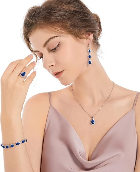 LMXXVJ Necklace Long Earrings Bracelet Set, White Gold Plated Created Blue Sapphire Jewelry Set Wedding Party Gift Jewelry for Women Bridal Bridesmaid