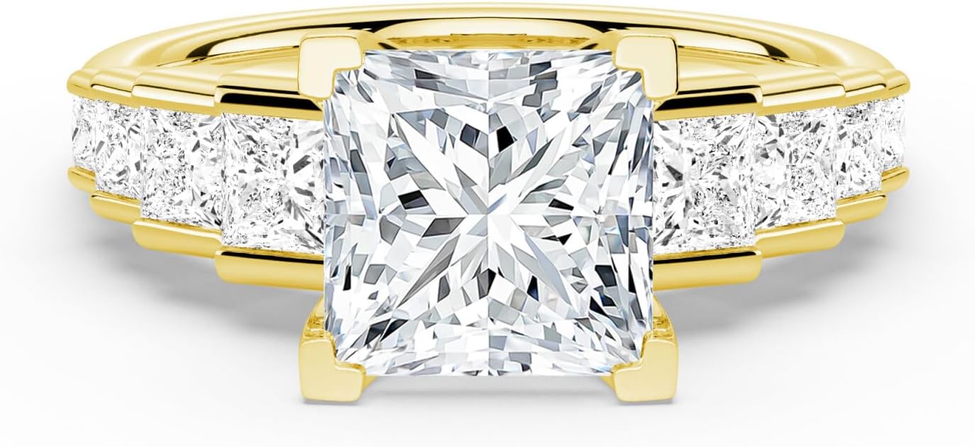 MSBLUE Moissanite Engagement Ring, Staircase Princess Cut, 14K Gold Vermeil, Wedding Promise Ring, Valentines Day Gifts for Her