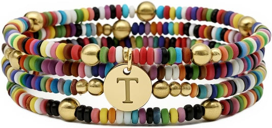 Set of 4 Colorful Bead Initial Bracelets, Personalized Stackable Jewelry, Adjustable Stretchy Charm Bracelets for Women, Beaded Bracelet Set, Trendy Custom Jewelry Gift