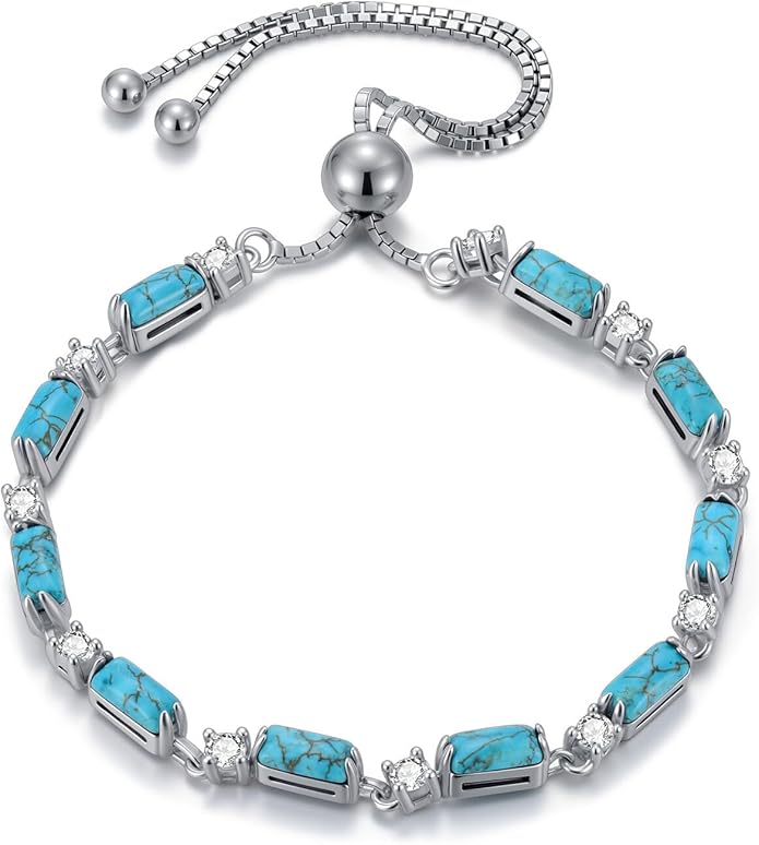 Genuine Turquoise Tennis Bracelet 925 Sterling Silver Adjustable Slider Bracelet Boho Jewelry Gifts for Women