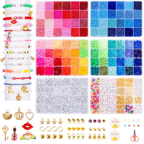 Goldwise Friendship Bracelet Kit 6 Boxes, Bracelet Making Kits with 48 Colors Clay Beads, 48 Colors Glass Seed Beads and 4 Styles Letter Beads (A-Z) with Charms for Bracelet Making Gift - size: 6 Boxes