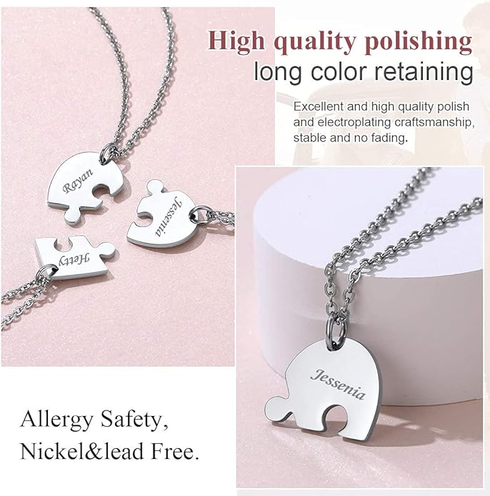 FindChic Personalized Matching BFF Necklace for 2/3/4/5/6 Puzzle Name Heart Pendant Stainless Steel Couple Necklace Set Customized Necklaces for Teen Girls