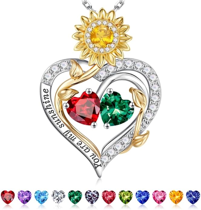 Iefil Valentines Day Gifts for Her - 925 Sterling Silver Sunflower Double Birthstone Necklace for Women, Anniversary Birthday Gifts for Wife, You Are My Sunshine Necklaces, Jewelry for Wife Mom