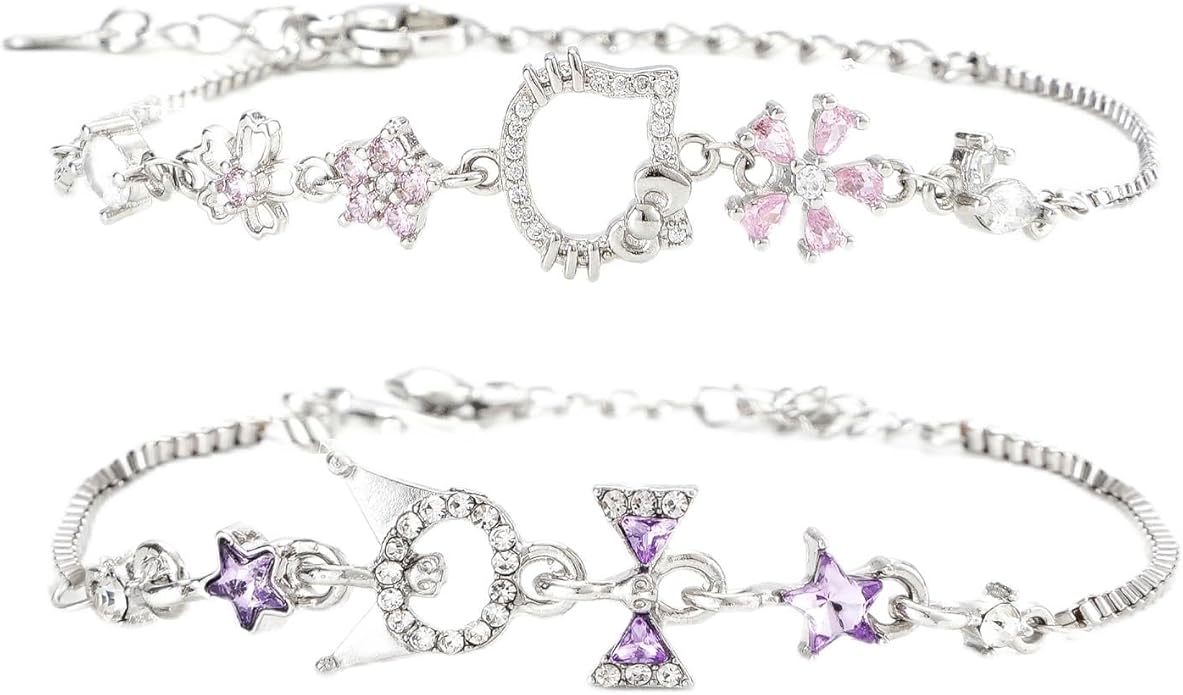 2 Pcs Rhinestone Charm Bracelet Set for Women,Cute Design Adjustable Bracelets for Everyday & Special Occasions