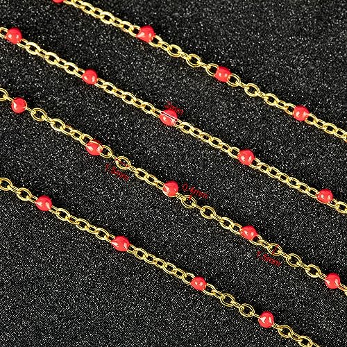 UMAOKANG 10 Meters Gold Plated Chains for Jewelry Making Red Enamel Bead Stainless Steel Chain for Women Necklace DIY Craft - color: Gold-Red Enamel
