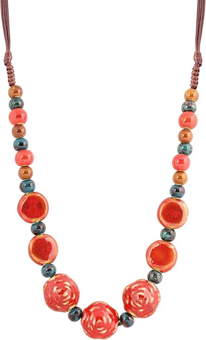 MINACHI Boho Hippie Round Ceramic Beads Strand Necklace, Vintage Bohemian Summer Beach Jewelry Gift for Women
