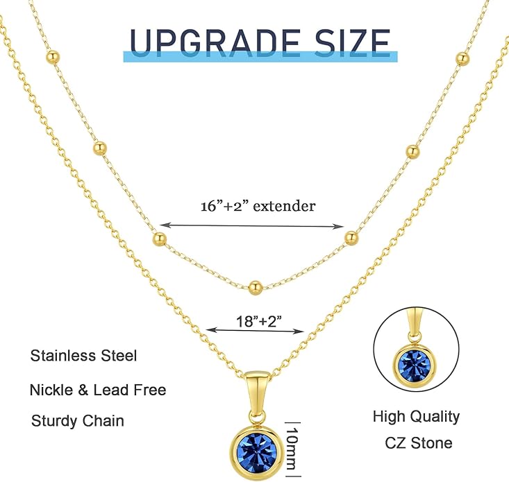 14K Gold-Plated Women's Double-Layer Birthstone Necklace Delicate Round Birthstone Pendant with a Simple Necklace, a Birthday Gift for Women Teenage Girls