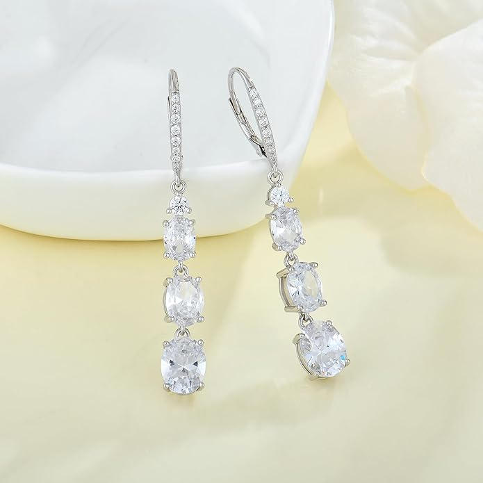 Women 925 Sterling Silver Birthstone 3-stone Leverback Drop Dangle Earrings 5A Cubic Zirconia Jewelry for Her