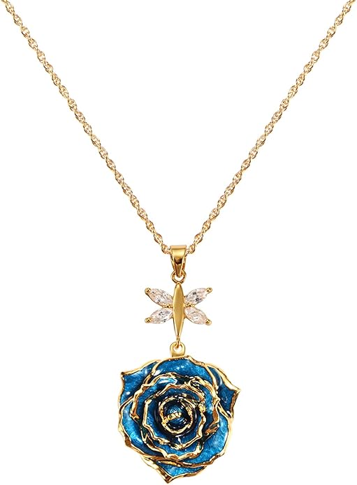 AliveRose Real Rose Gold Dipped Necklace Gifts for Women, 24K Gold Dipped Rose Pendant Necklace Jewelry Mothers Day Anniversaries Birthday Christmas Special Occasions Gifts for Her Mom Wife