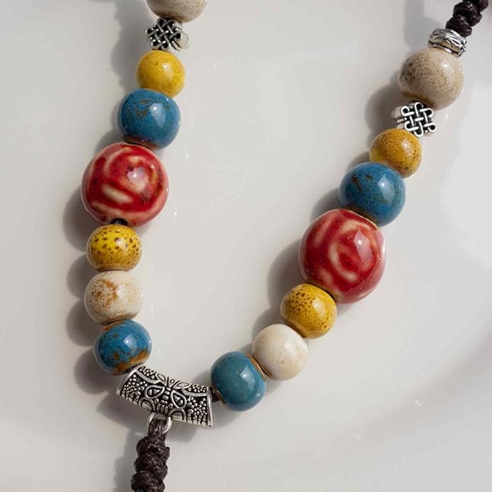 Adjustable Ceramic Beaded Necklace for Women, Boho Handmade Flower Pendant Necklace, Hippie Jewelry for Mom and Wife