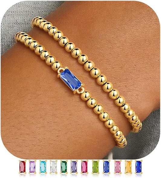 Ursteel Valentines Gifts for Her Kids Girls, Elastic Birthstone Bracelet for Women 14K-Gold-Plated Beaded Bracelet Non Tarnish Trendy Birthstone Jewelry Birthday Gifts for Women