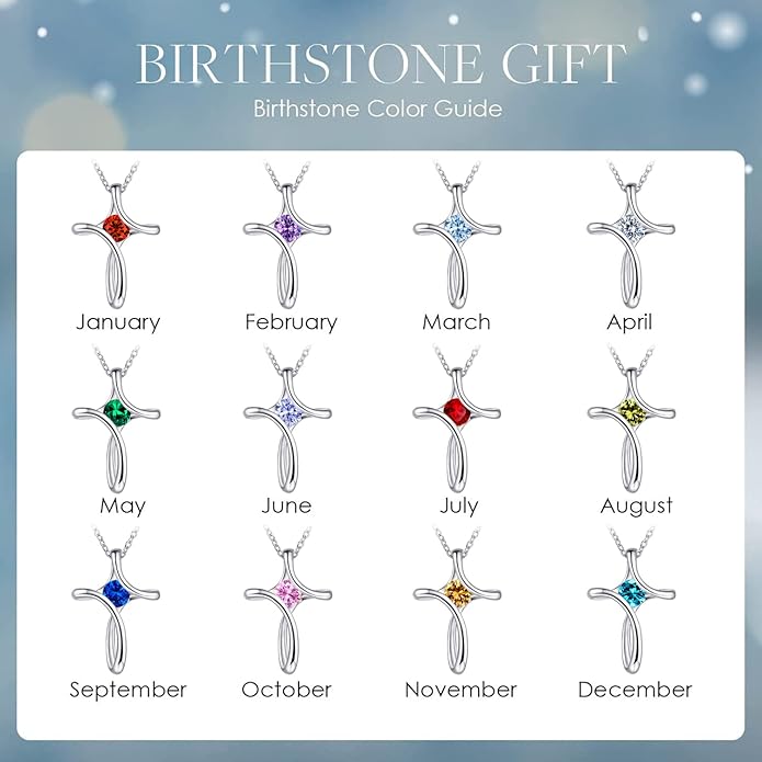 Cross Necklace for Women, 925 Sterling Silver Birthstone Necklace for Women with Diamond Sideways Cross Necklaces Birthstone Jewelry Birthday Gifts for Womens