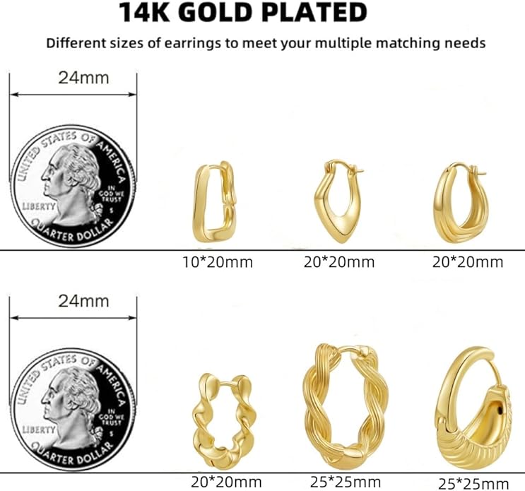 6 Pairs Gold Hoop Earrings Set for Women, 14K Gold Plated Huggie Chunky Earring Variety Pack, Hypoallergenic Thick Jewelry Gift