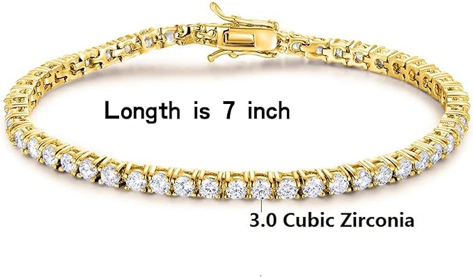 Gemsme 18K Gold Plated 3.0 Cubic Zirconia Classic Tennis Bracelet for Women and Men 7 Inch