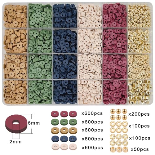 MIIIM Earth Tone Clay Bead Bracelet Kit, Heishi and Flat Clay Beads, Gold Spacer for Jewelry Making, Friendship Kit for Crafts, Concert, Raves, Gifts - color: Earth Tone