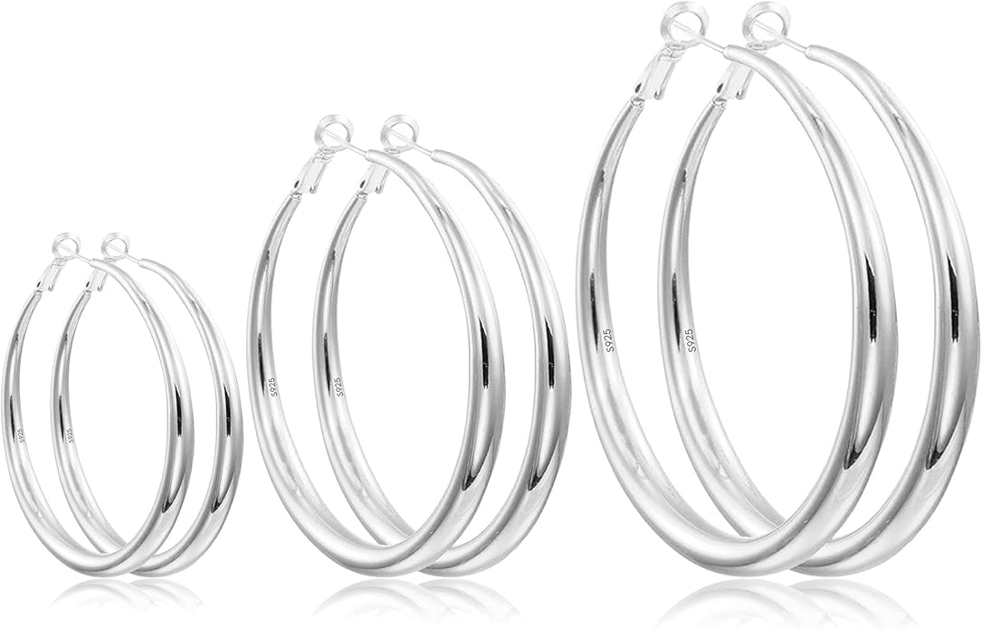 EXGOX Sterling Silver Hoop Earrings - Hypoallergenic, Lightweight, Chunky, 14K Real Gold Plated, Big Large Hoops for Women