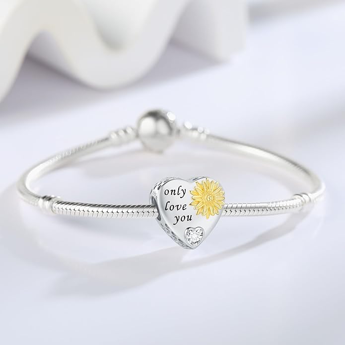 925 Sterling Silver Sunflower Charms Fit Pandora Charms Bracelet Forever In My Heart Fit Wife Mother's Day Christmas Birthday Gift