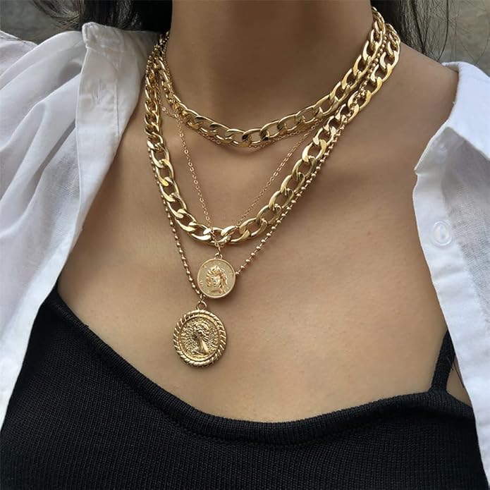 Pirate Necklace Chunky Gold Necklace for Women vintage Pirate Coin Pendant Necklace Fashion Chunky Chain Choker Necklaces Pirate Costume Women Men Jewellery