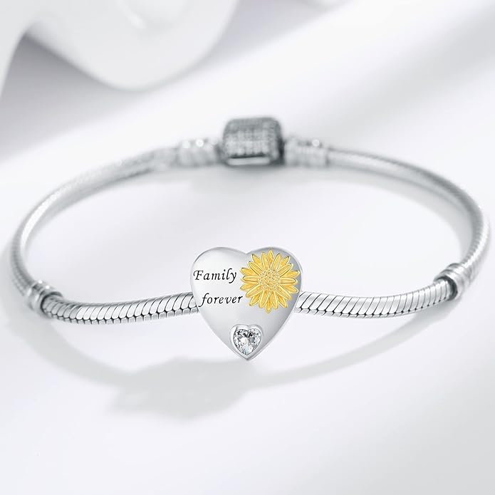 925 Sterling Silver Sunflower Charms Fit Pandora Charms Bracelet Forever In My Heart Fit Wife Mother's Day Christmas Birthday Gift