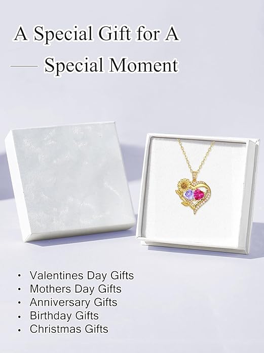 Sunflower Heart Necklace for Women 14K Gold Exquisite Valentines Day Anniversary Birthday Gifts for Wife Mother Her Double Birthstone Pendant Jewelry‘You Are My Sunshine’