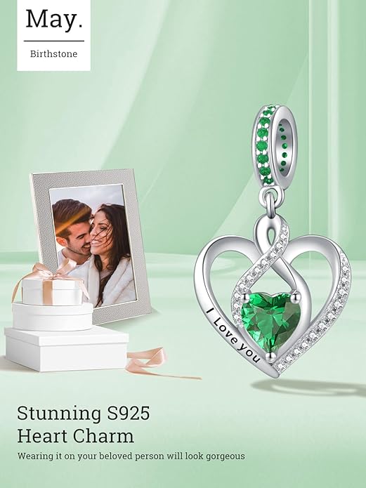 Heart Birthstone Charms for Bracelets, 925 Sterling Silver Women Bead Charms for Charm Bracelets Necklace, Mother's Day Birthday Anniversary Jewelry Gifts for Wife Mom Grandma Daughter