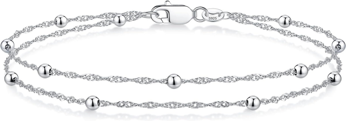 IEFWELL S925 Sterling Silver Bracelet for Women - 1.5mm Singapore Chain Bracelet, Dainty Double Strand Satellite Bead Bracelets, 6.5/7/7.5/8/8.5/9 Inches Jewelry Gifts for Women Her