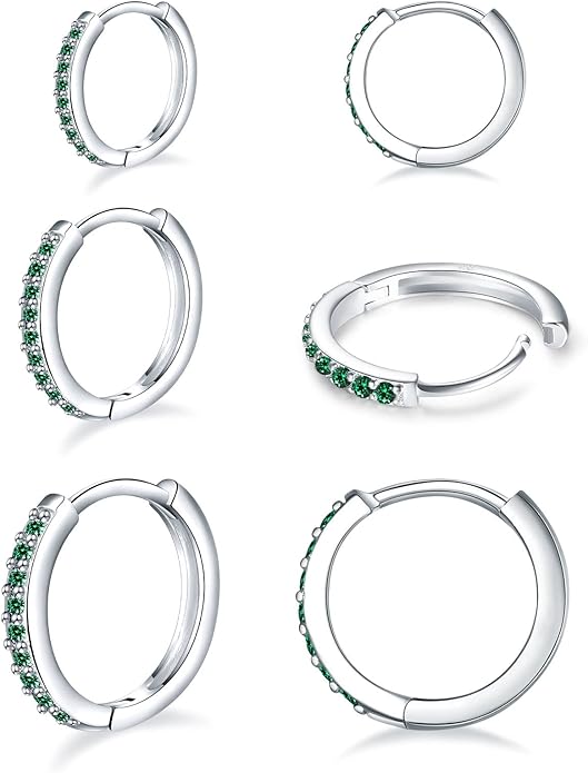 925 Sterling Silver Small Hoop Earrings Cubic Zirconia Huggie Hoop Earrings, 3 Pairs 14K White Gold Plated Cartilage Piercing Earrings Ear Cuff Tiny Hoop Earrings for Women Men