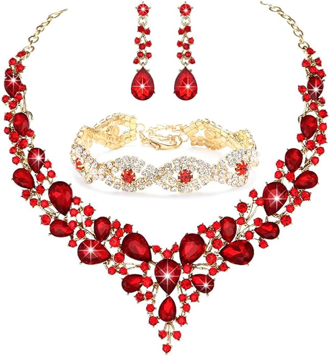 3/4 Pieces Women Jewelry Set Artificial Rhinestone Crystal Bride Statement Choker Necklace Tiara Crown Link Bangle Bracelet Teardrop Dangle Earrings Set