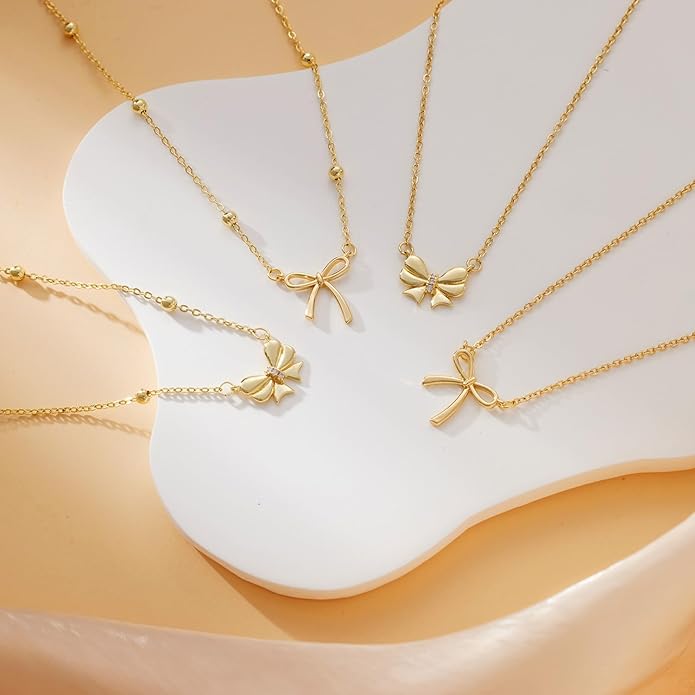 Valentines Day Gifts for Her - Dainty Bow Necklace for Women 14K Gold Plated Cute Choker Small Pendant Charm Necklaces Teen Gift Trendy Stuff Personalized Jewelry