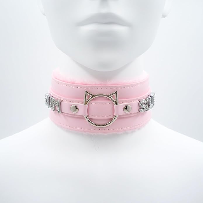 Handmade Collar Choker Necklace for Women – Cat Ear O-Ring Punk Goth Letter Choker,Black/Pink Furry Alt Fashion Jewelry