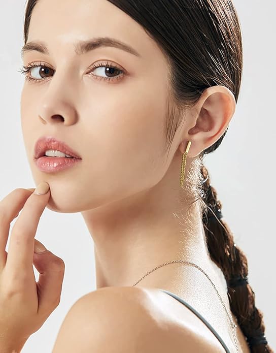 Reffeer Solid 925 Sterling Silver Stud Earrings Minimalist Bar Earrings with Chain Dangle Earrings For Women