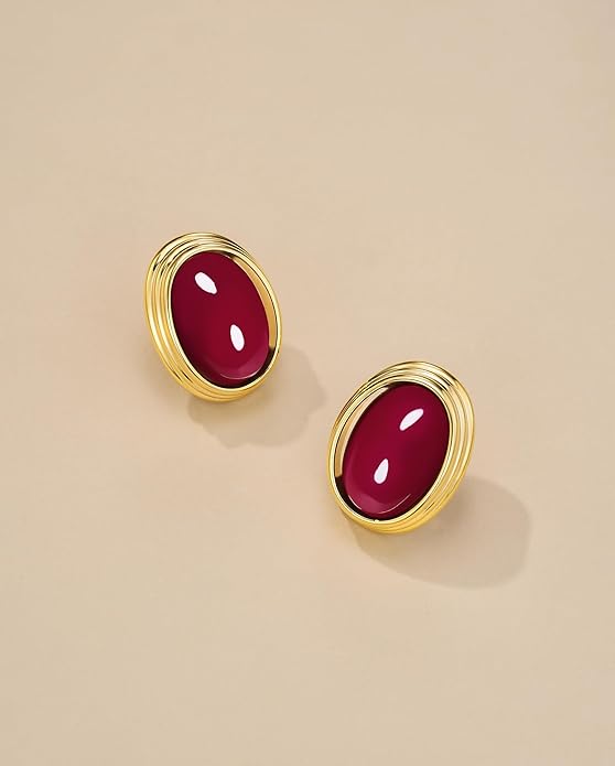 SNGIA18K Gold Plated Burgundy Maroon Red Carnelian Round Oval Ribbed Button Chunky Statement Earrings for Women by SNGIA, Bold Handmade Exaggerated Dome Retro Rounded Button Trendy Bohemian Gemstone Stud Jewelry Gifts, Unique Vintage Baroque Stone Summ...