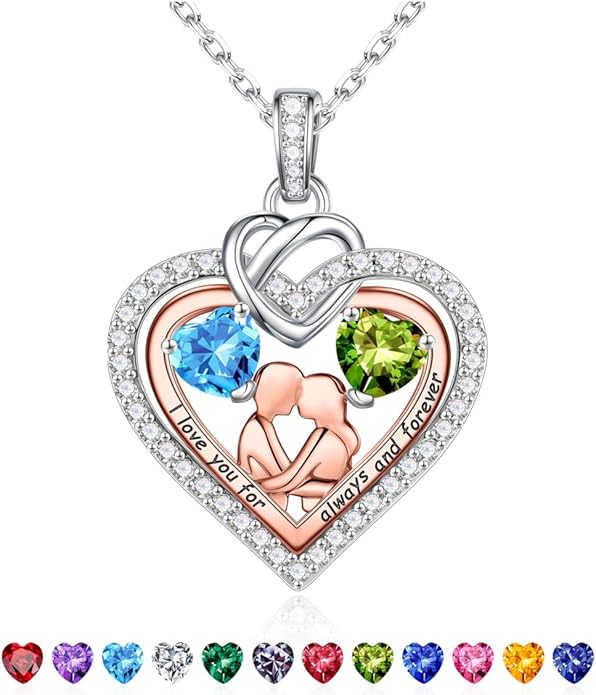 Iefil Valentines Day Gifts for Her - 925 Sterling Silver Double Heart Birthstone Necklace for Women, Anniversary Birthday Gifts for Wife I Love You Gift Couple Sitting Hugging Each Other Jewelry Gift