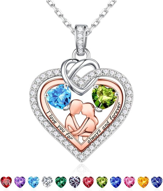 Iefil Valentines Day Gifts for Her - 925 Sterling Silver Double Heart Birthstone Necklace for Women, Anniversary Birthday Gifts for Wife I Love You Gift Couple Sitting Hugging Each Other Jewelry Gift