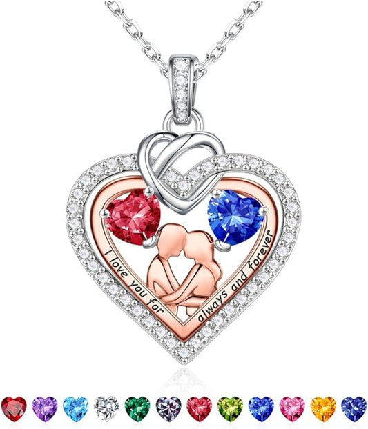 Iefil Valentines Day Gifts for Her - 925 Sterling Silver Double Heart Birthstone Necklace for Women, Anniversary Birthday Gifts for Wife I Love You Gift Couple Sitting Hugging Each Other Jewelry Gift