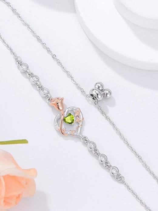 Birthstone Charm Link Bracelet 925 Sterling Silver Rose/Heart/Mom Bracelet with 12 Months Birthstone Mother's Day Gift Jewelry Gifts for Women,Chain Length 7"+2" Extend