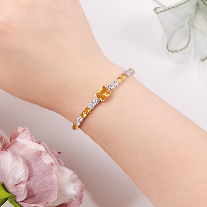 Birthstone Bracelets for Women Birthday Gifts 4CT Radiant Cut Birthstone 4mm Sterling Silver White Gold Tennis Bracelets for Women Round Cut 5A Cubic Zirconia Bezel Setting 7 Inch