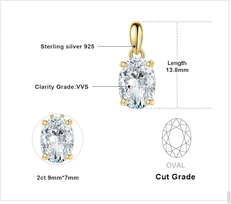 JewelryPalace Oval Cut 1ct 2ct Cubic Zirconia Solitaire Pendant Necklace for Women, 925 Sterling Silver Necklaces for Her, Classic Simulated Diamond Jewelry Set Gift, 18 Inches Chain