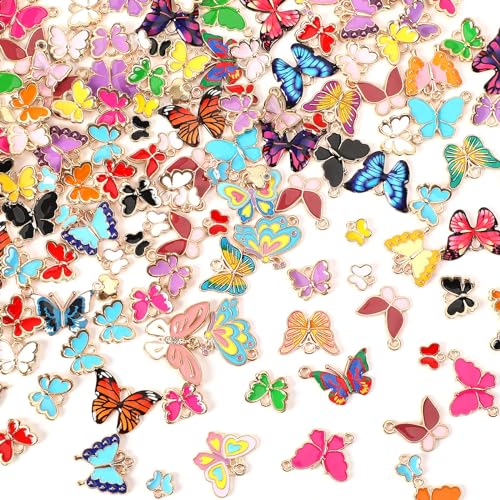 MARFOREVER 120 Pcs Butterfly Charms for Jewelry Making, Mixed Butterflies Charms Assorted Gold Enamel Butterfly Pendants for DIY Necklace Bracelet Earrings Making Supplies Gifts for Mother Women Girls - style: Butterfly