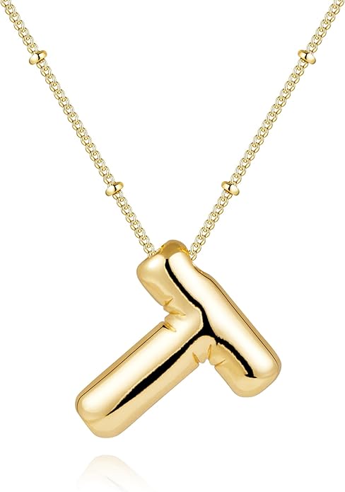 Inerney Valentines Day Gifts Gold Bubble Letter Necklace Initial Necklaces for Women, Chunky 14K Plated Balloon Initials, Trendy Charm Non Tarnish Custom Name Pendant Jewelry Gifts for Mom