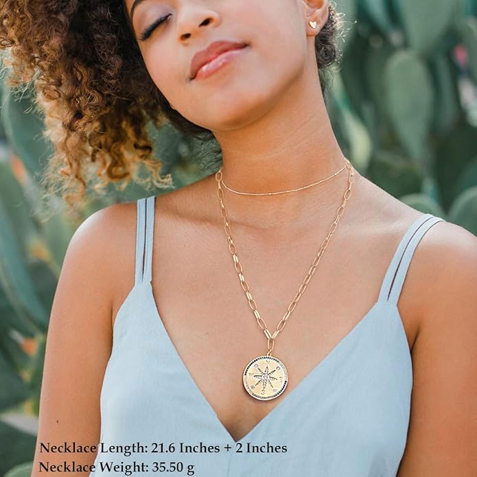 Aobei Pearl 18K Gold Plated Moon Star Lion Evil Eye Love Heart Cross Pendant Necklace Medallion Paperclip Chian Choker Layering Jewery for Women