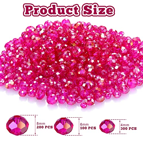 WILLBOND 600 Pcs Crystal Glass Beads for Jewelry Making Bulk Suncatcher Faceted Rondelle Loose Gemstone for Valentine's Day, Irish Holiday, Easter Bracelet DIY Crafts 8mm, 6mm, 4mm(Hot Pink) - color: Hot Pink