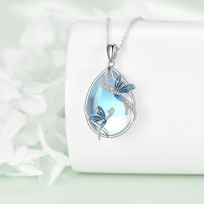 KQF Dragonfly/Butterlfy/Cat/Jellyfish/Bunny/Axolotl/Bee/Mermaid/Hummingbird/Elephant Necklace for Women Sterling Silver Moonstone Pendant Necklace Dragonfly Jewelry Gifts for Women