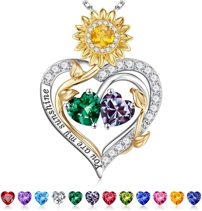 Iefil Valentines Day Gifts for Her - 925 Sterling Silver Sunflower Double Birthstone Necklace for Women, Anniversary Birthday Gifts for Wife, You Are My Sunshine Necklaces, Jewelry for Wife Mom