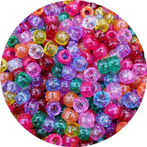 Amaney 1000 Pieces 6x9mm Mixed Colors Glitter Transparent Mix Plastic Pony Beads - color: 1000Glitter