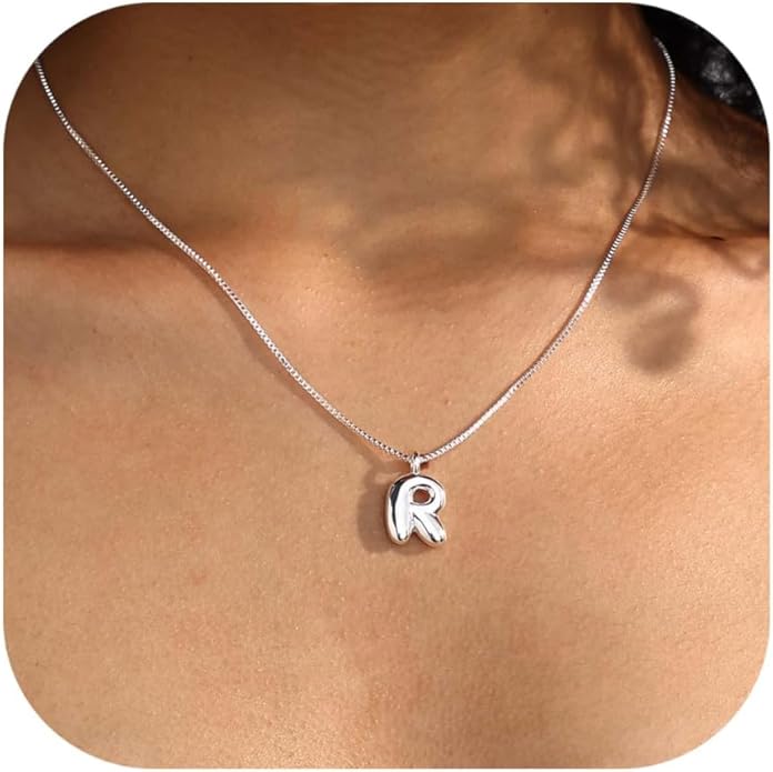 Bubble Gold Silver Letter Necklace Initial Necklaces for Women Trendy 14K Dainty Charm Pendant Name Necklace Personalized Jewelry Gift for Women Teen