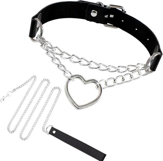 Gothic Heart Pendant Choker Necklace with Chain, Black Leather Collar, Silver Metal Hardware