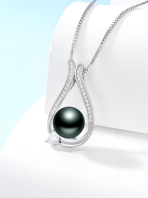 Tahitian Black Pearl 18K White Gold Plated Sterling Silver Heart/Infinity/Four Leaf Clover Pendant Necklace Jewelry Gifts for Women Wife Mom Girlfriend Wedding Birthday Anniversary Christmas
