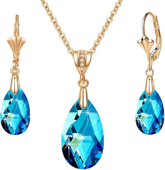 EVEVIC Austrian Crystals Teardrop Pendant Necklace Earrings for Women 14K Gold Plated Hypoallergenic Leverback Drop Dangle Earrings Jewelry Set